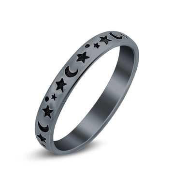 Stars Moon Plain Ring Band Solid Black Tone Round 925 Sterling Silver
